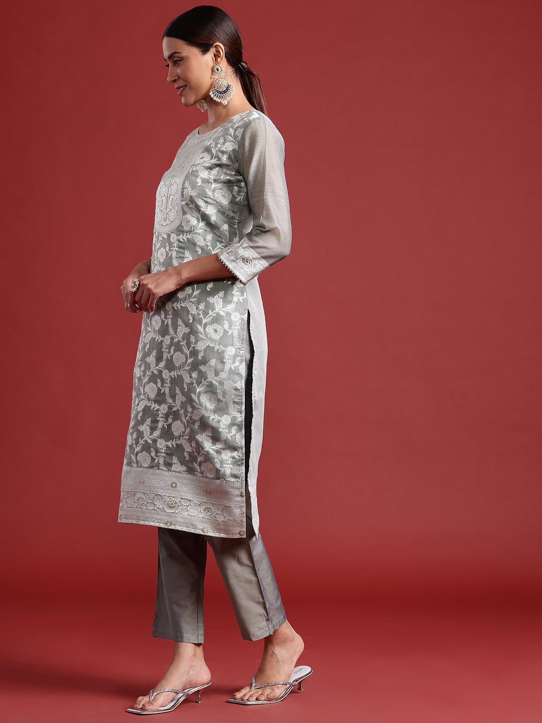 Dhiyona IE Floral Jacquard Chanderi Cotton Kurta With Trousers & Dupatta