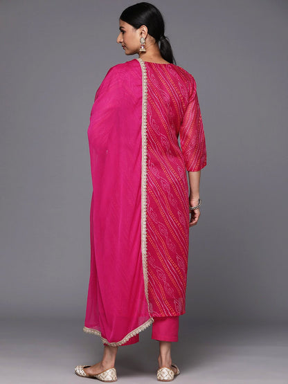 Indyancart VA Women's Fuchsia Bandhani Printed Regular Gotta Patti Kurta with Trousers & With Dupatta
