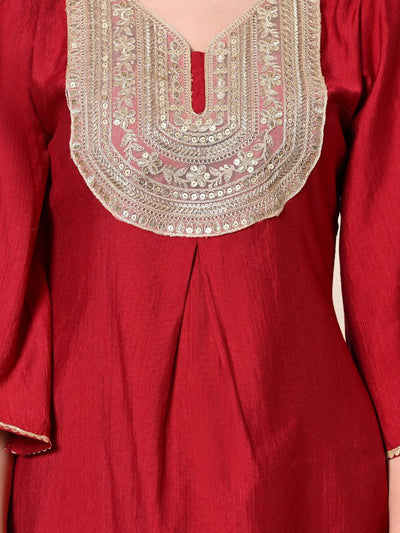 Indyancart SN Women's Floral Yoke Design Pleated Sequinned A-Line Kurta With Dhoti Pants & Dupatta