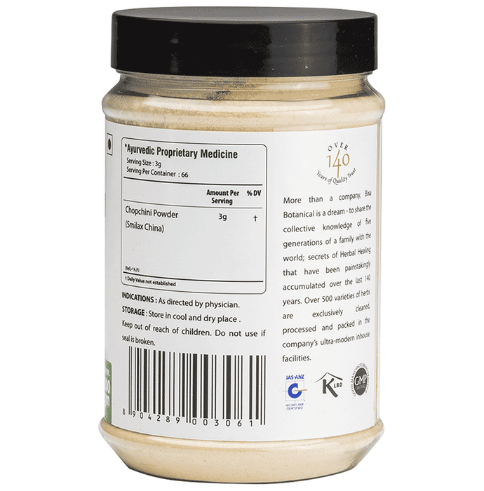Bixa Botanical Chopchini Powder, Ayurvedic herbal powder in a glass jar with a green label and plastic lid.