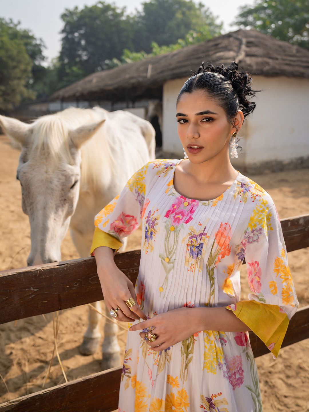 Floral Printed Round Neck Pleated Pure Cotton A-Line Kurta With Trouser