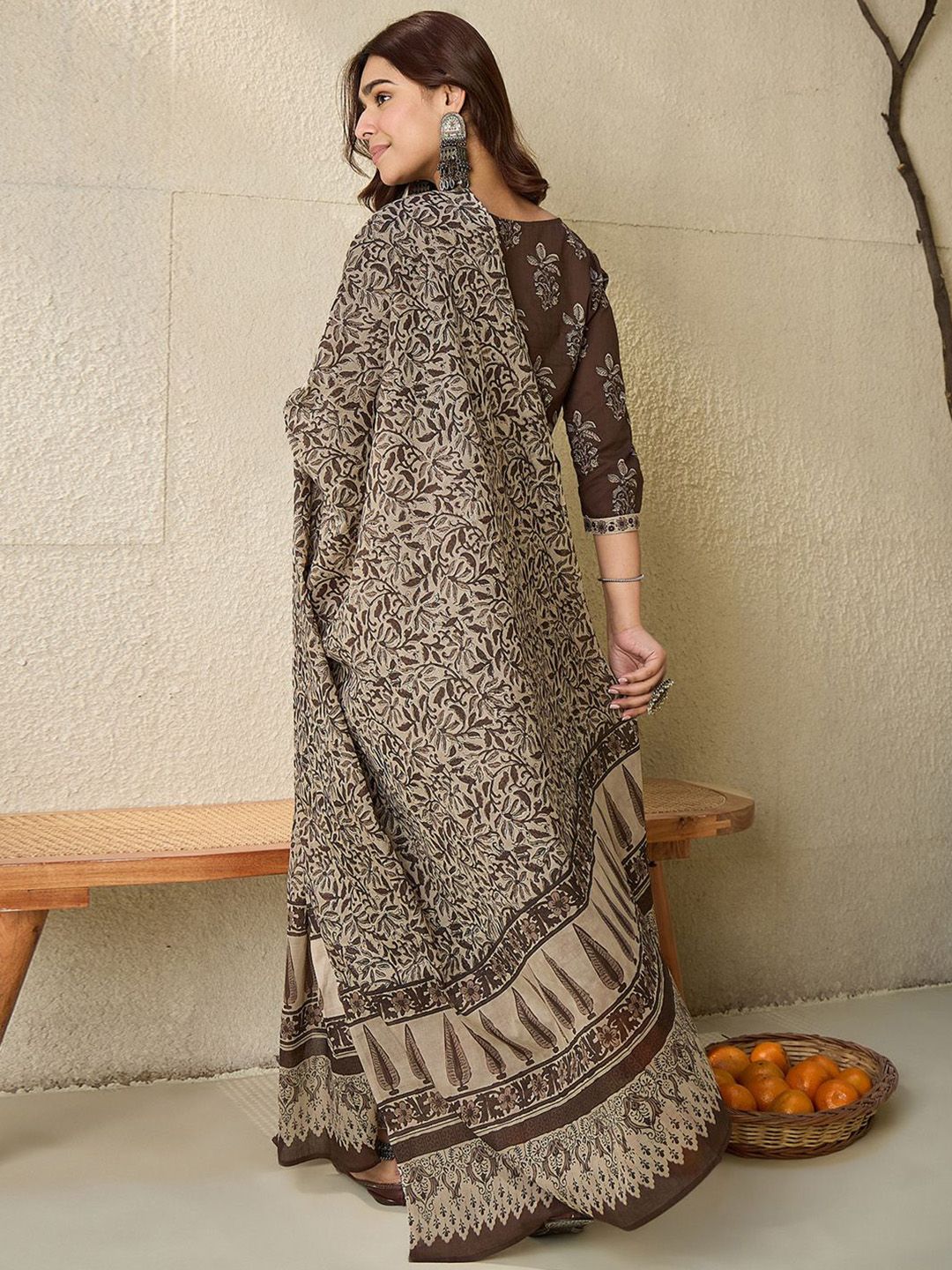 Indyancart IE Floral Printed V Neck Pure Cotton Kurta With Salwar & With Dupatta