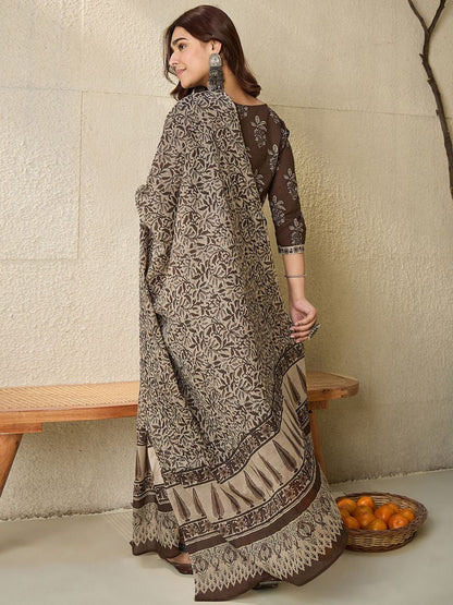 Indyancart IE Floral Printed V Neck Pure Cotton Kurta With Salwar & With Dupatta