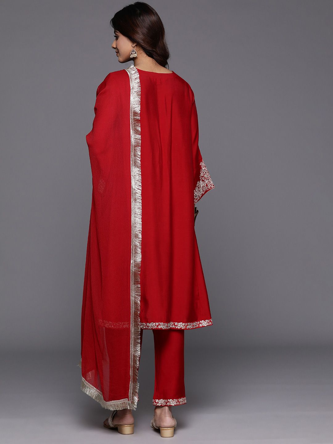 Indyancart VA Women'sPaisley Embroidered Zari Kurta with Trousers & Dupatta