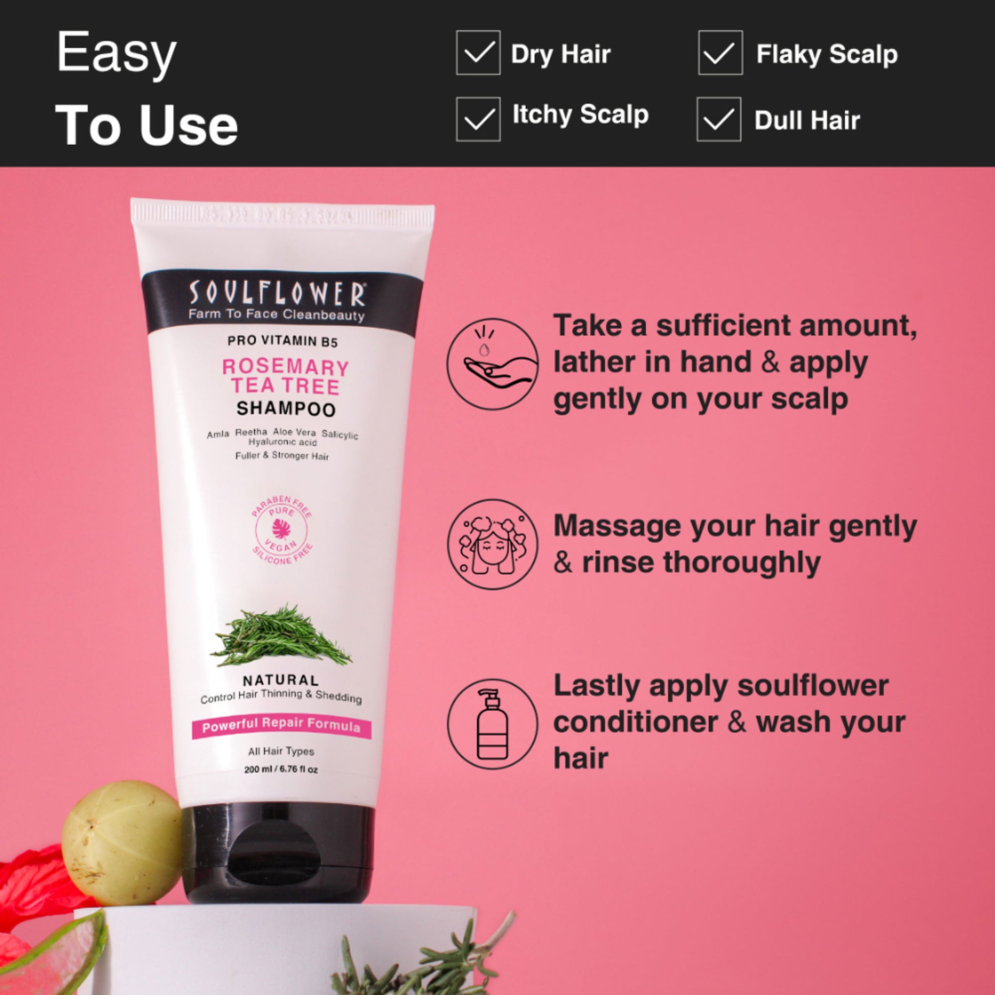 Soulflower Rosemary Tea Tree Anti-Hairfall Shampoo, Sulphate & Paraben Free, Reduces Split-Ends