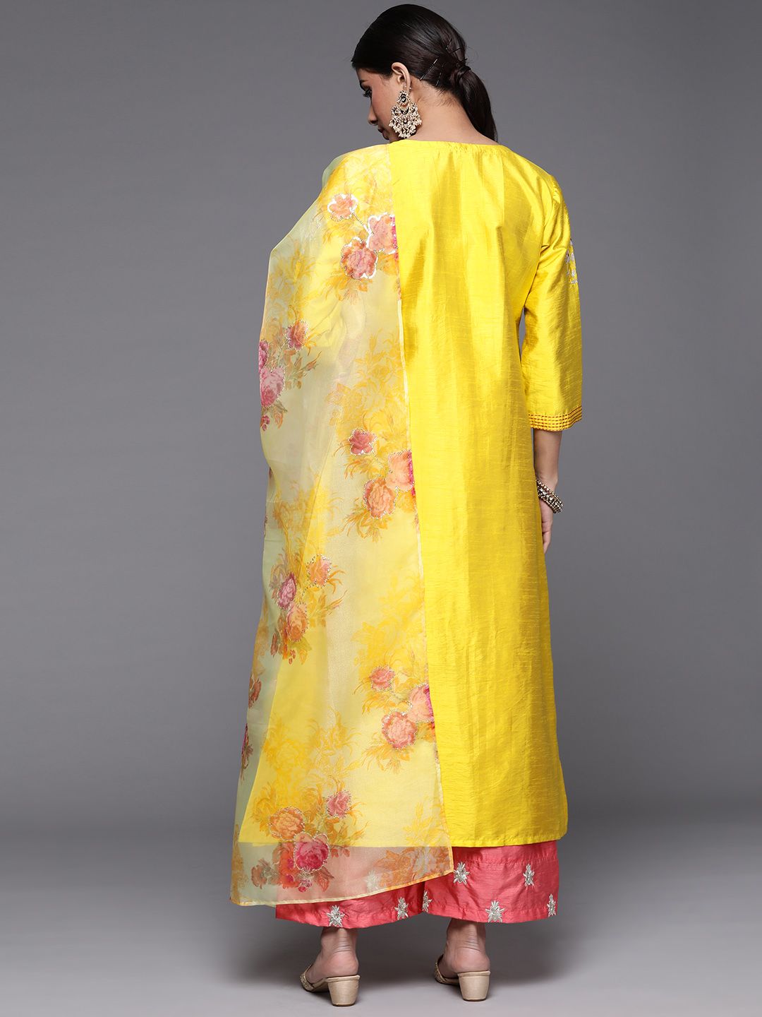 Indyancart VA Women's Mustard Yellow Floral Embroidered Kurta with Trousers & Dupatta