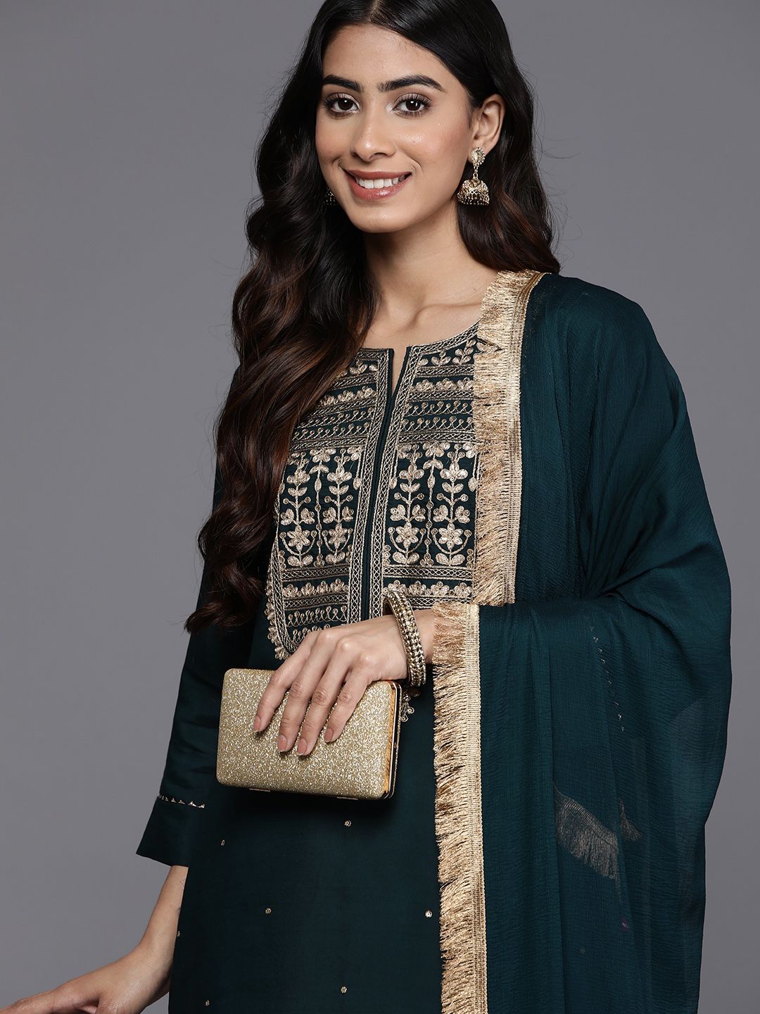 Indyancart VA Women'sFloral Yoke Design Regular Kurta with Trousers & With Dupatta