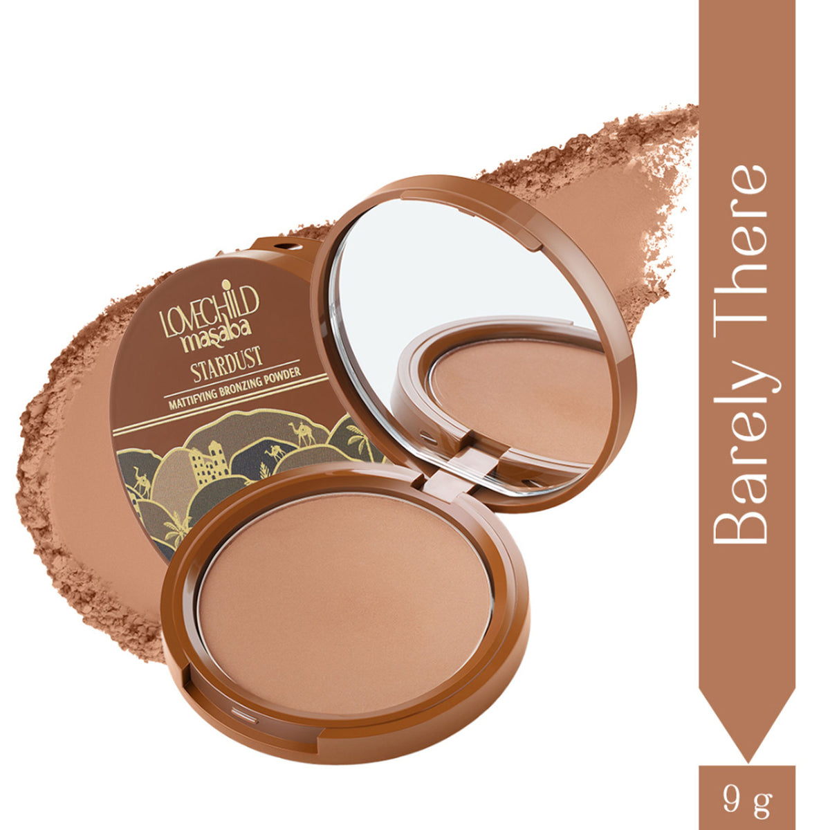 LoveChild Masaba Barely There Mattifying Bronzer compact with natural finish, featuring warm brown shade and smooth texture.