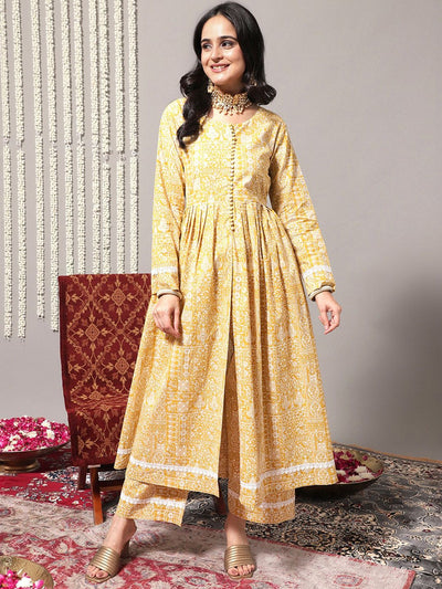 Indyancart VA Women'sEthnic Motifs Printed A-Line Pure Cotton Kurta with Trousers