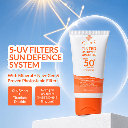 Qurez Mattifying Tinted Sunscreen SPF 50 Pa++++ Oxybenzone & Omc Free - Hybrid