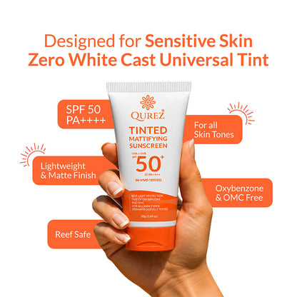Qurez Mattifying Tinted Sunscreen SPF 50 Pa++++ Oxybenzone & Omc Free - Hybrid