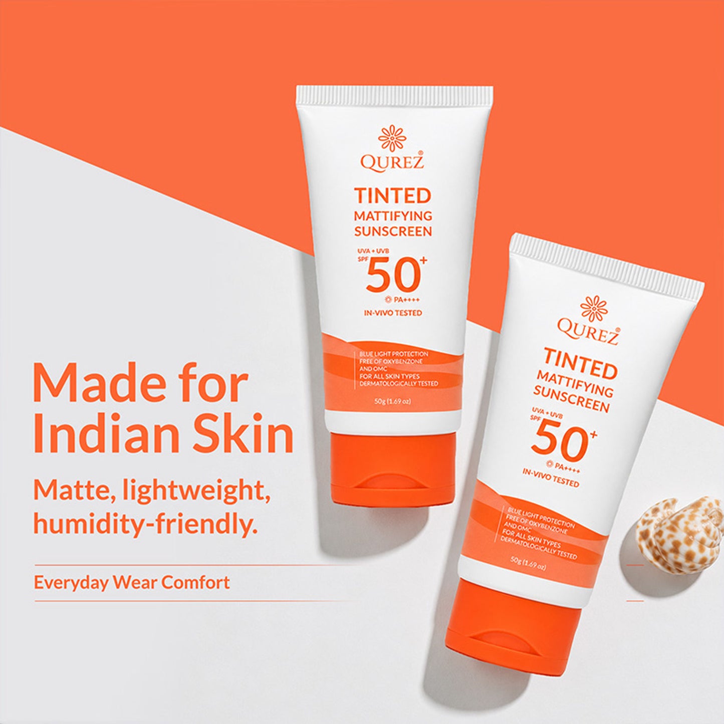 Qurez Mattifying Tinted Sunscreen SPF 50 Pa++++ Oxybenzone & Omc Free - Hybrid