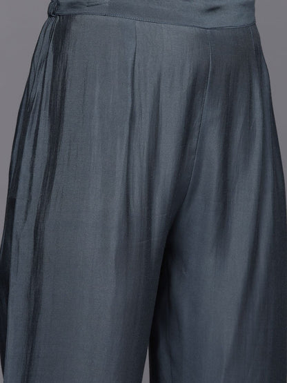 Indyancart VA Women's Grey Ethnic Motifs Yoke Design Mirror Work Kurta with Trousers & With Dupatta