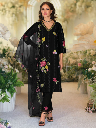 Dhiyona IE Floral Embroidered Thread Work Straight Kurta With Trousers And Dupatta
