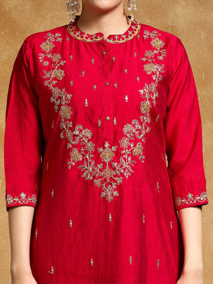 Indyancart VA Women'sFloral Embroidered Mandarin Collar A-Line Kurta With Trousers & Dupatta