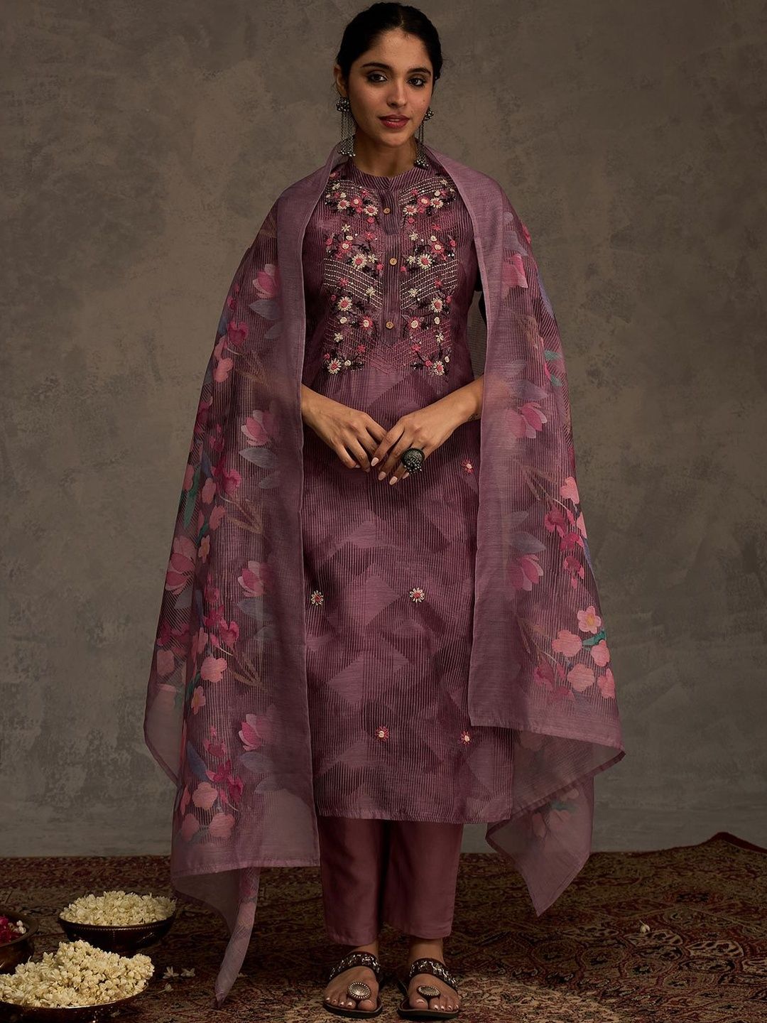Floral Embroidered Thread Work Chanderi Cotton Kurta with Trousers & Dupatta