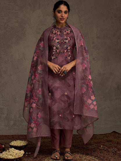 Floral Embroidered Thread Work Chanderi Cotton Kurta with Trousers & Dupatta