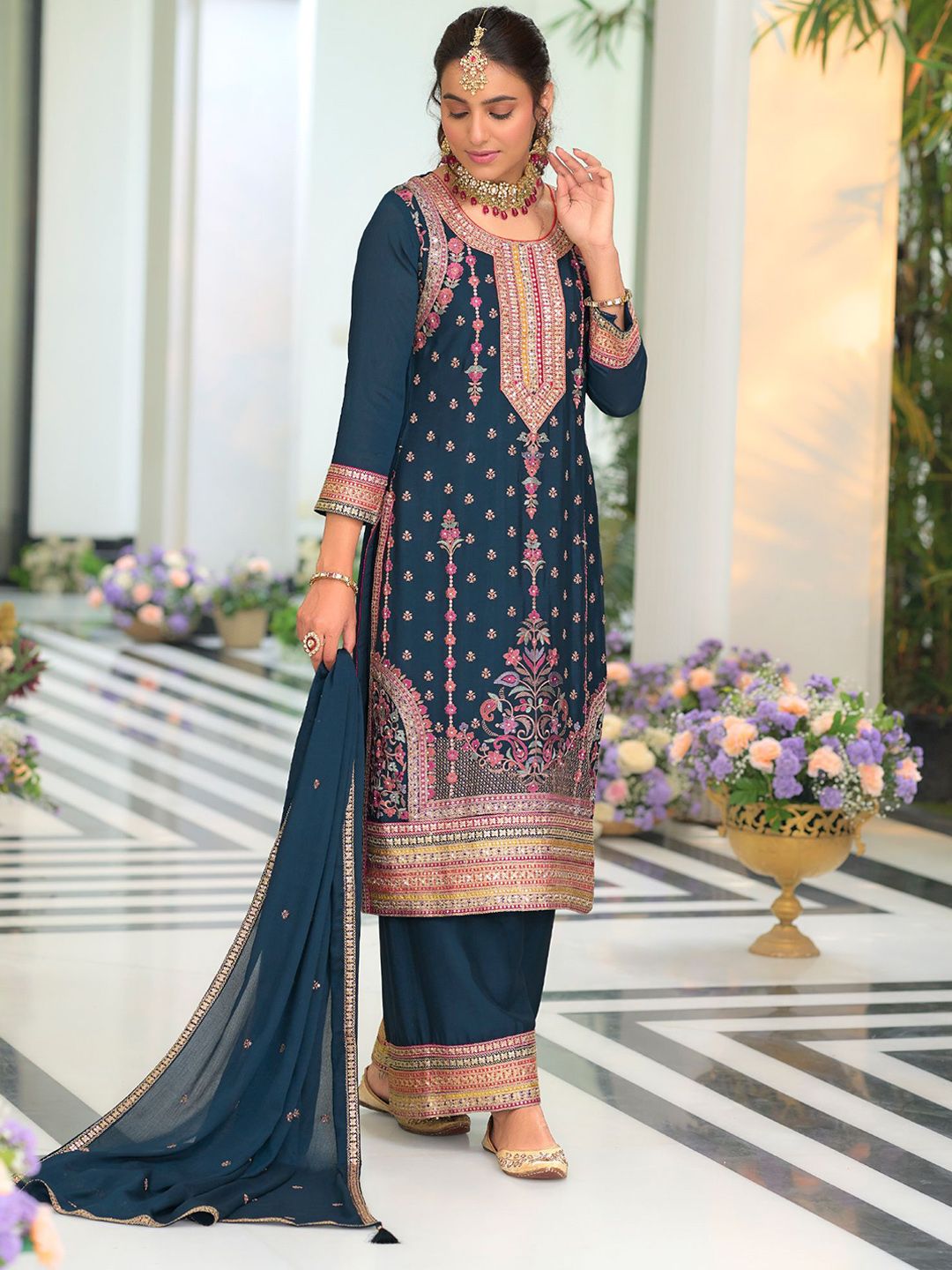 Indyancart IE Women Ethnic Motifs Embroidered Regular Mirror Work Kurta with Palazzos & With Dupatta