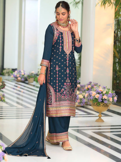 Indyancart IE Women Ethnic Motifs Embroidered Regular Mirror Work Kurta with Palazzos & With Dupatta