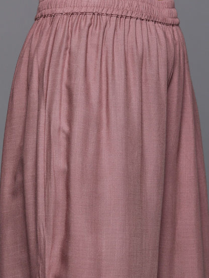 Indyancart VA Women's Mauve Embroidered Kurta with Palazzos & With Dupatta