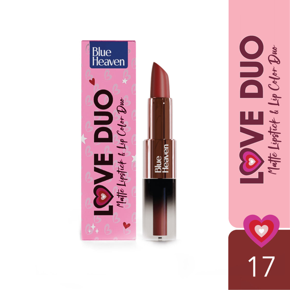 Blue Heaven Love Duo 2-in-1 dual-sided lipstick in shade 17, showing the two different lipstick ends with vibrant blue and neutral tones.