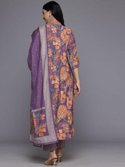 Dhiyona VA Women'sEthnic Floral Printed Sequinned Kurta With Trousers & Dupatta