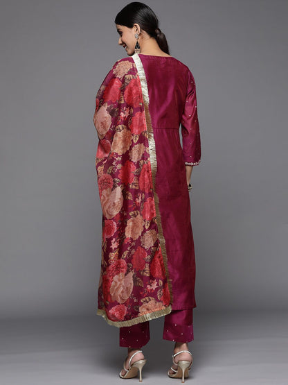 Indyancart VA Women's Yoke Design Sequinned Chanderi Silk Kurta With Trousers & Dupatta