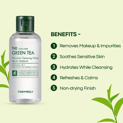 TONYMOLY Korean The Chok Chok Green Tea Cleansing Water to Purify & Hydrate Sensitive, Tired Skin