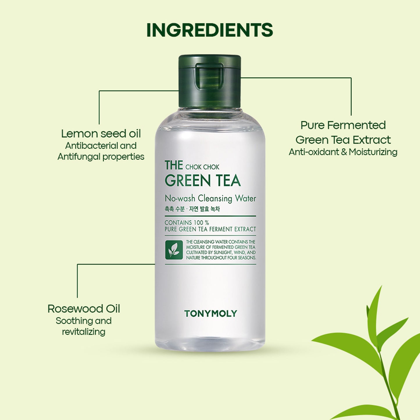 TONYMOLY Korean The Chok Chok Green Tea Cleansing Water to Purify & Hydrate Sensitive, Tired Skin