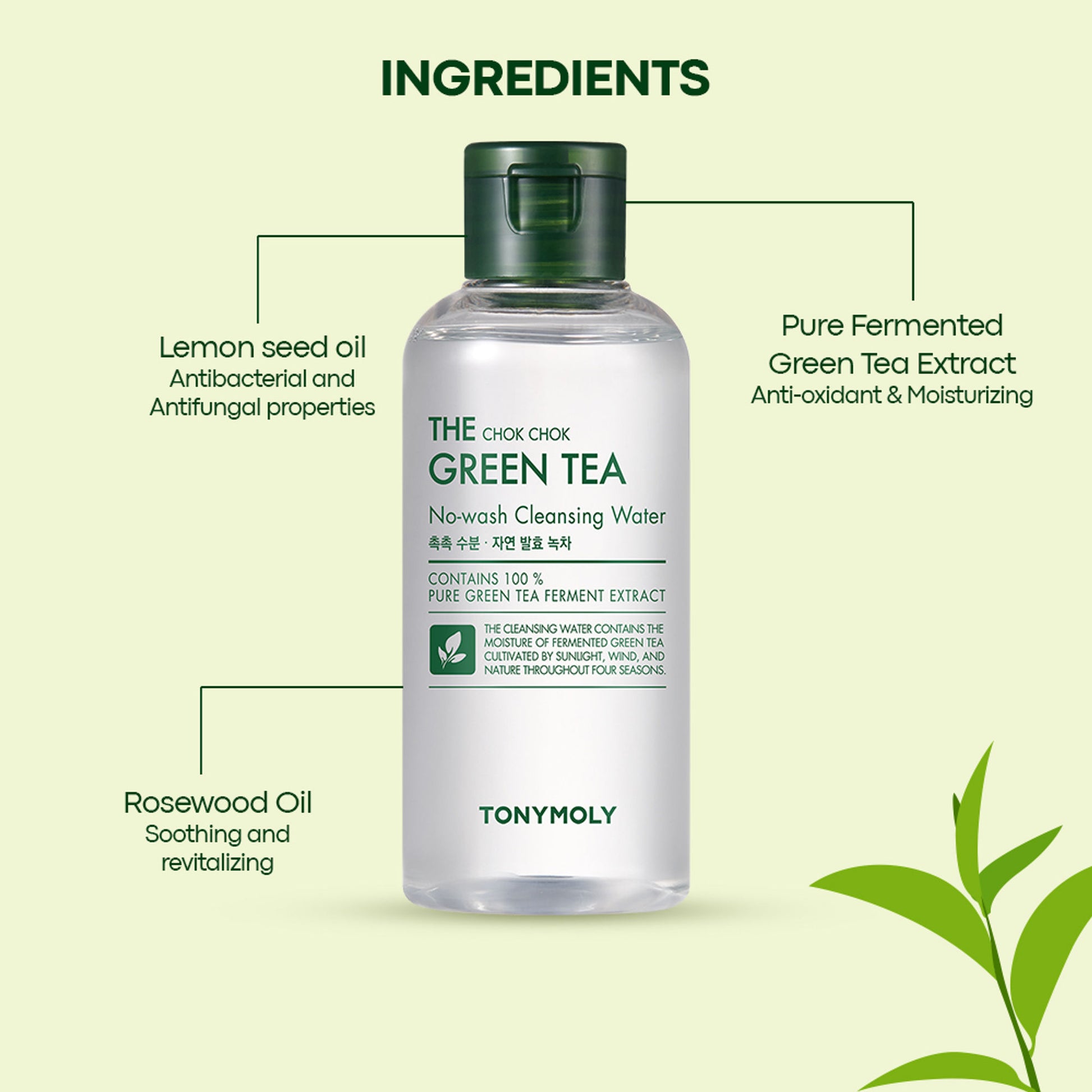 TONYMOLY Korean The Chok Chok Green Tea Cleansing Water to Purify & Hydrate Sensitive, Tired Skin