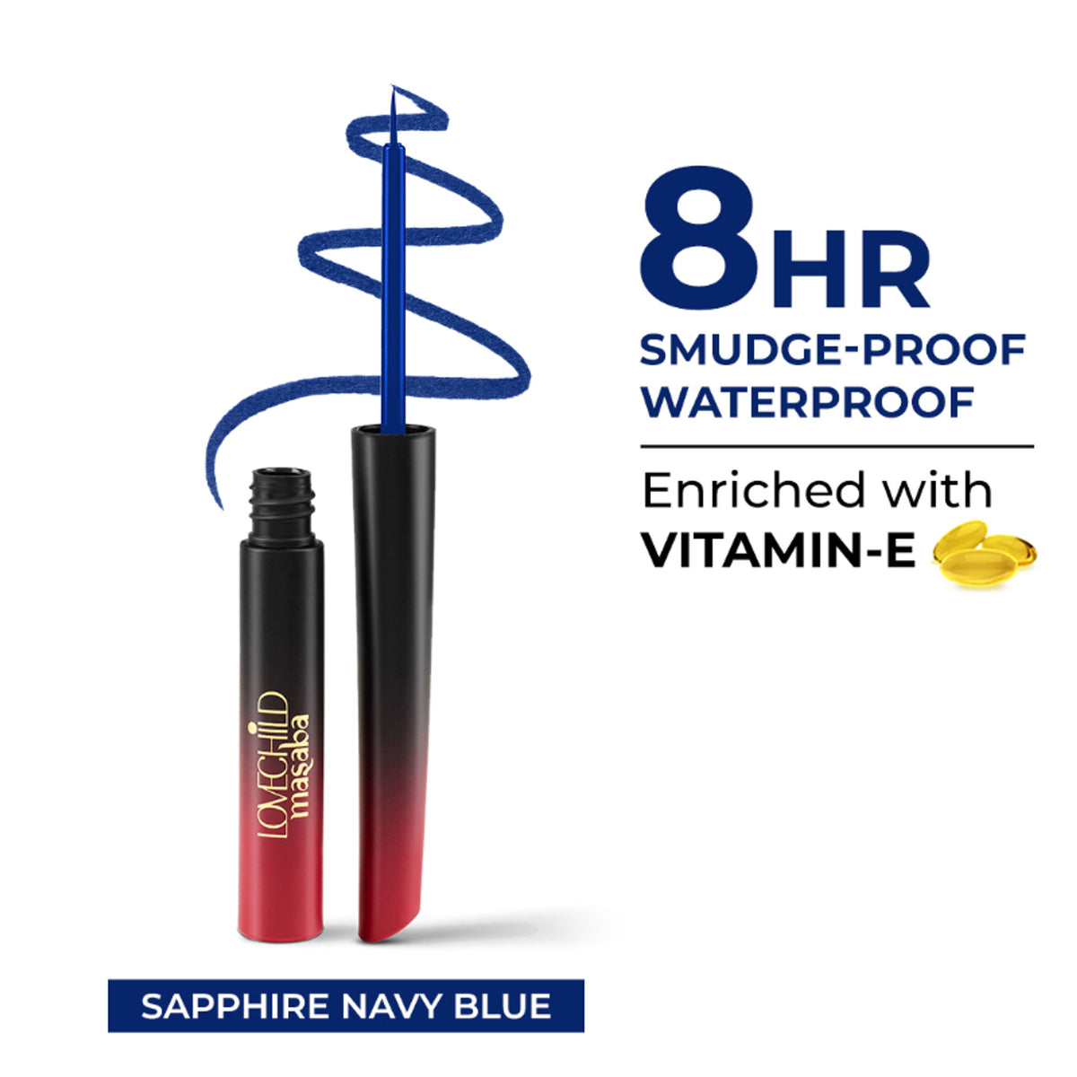 LoveChild Masaba sapphire liquid eyeliner with smudge-proof formula, featuring a sleek black pen and vibrant blue ink for precise application.