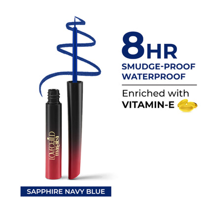 LoveChild Masaba sapphire liquid eyeliner with smudge-proof formula, featuring a sleek black pen and vibrant blue ink for precise application.