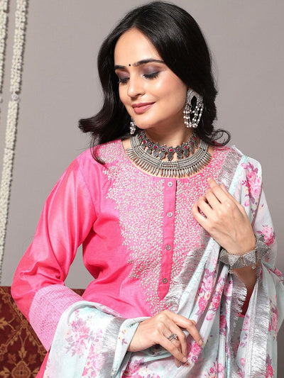 Indyancart VA Women'sFloral Embroidered Chanderi Silk Straight Kurta With Trousers & Dupatta