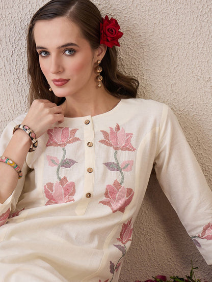 Indyancart IE Floral Printed Round Neck Pure Cotton Straight Kurta With Trouser