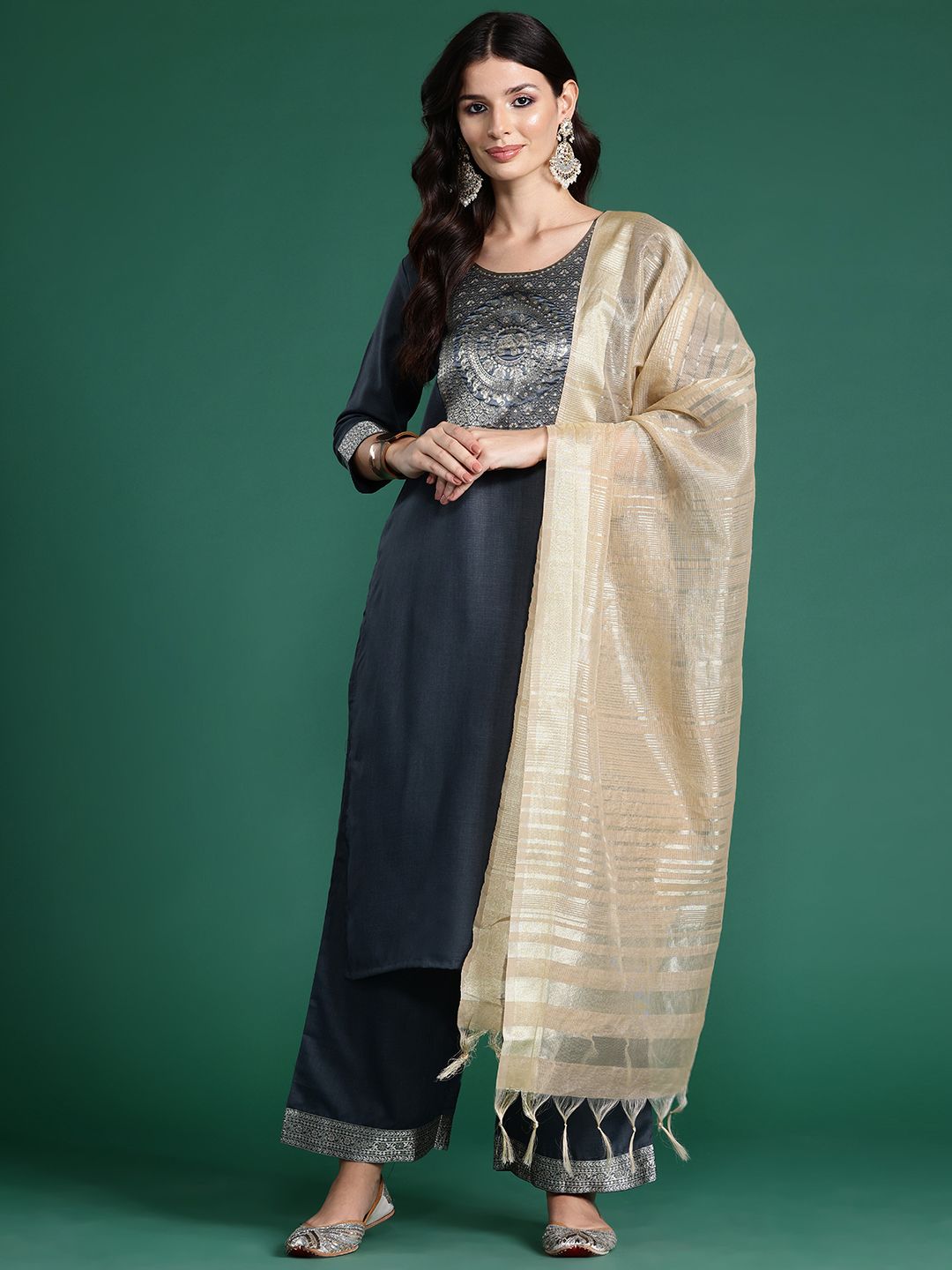 Indyancart IE Yoke Design Regular Kurta With Palazzos & Dupatta