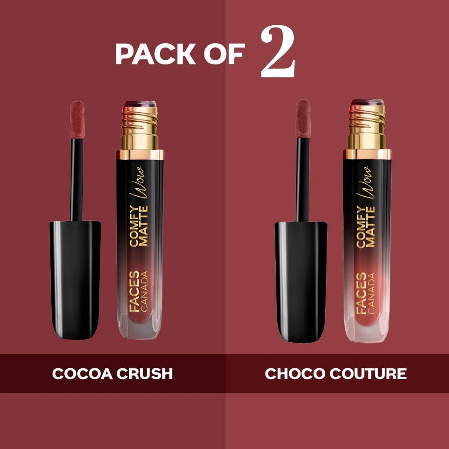 Faces Canada Comfy Matte Wow Liquid Lipstick - Choco Couture 01 + Cocoa Crush 07 - Pack Of 2