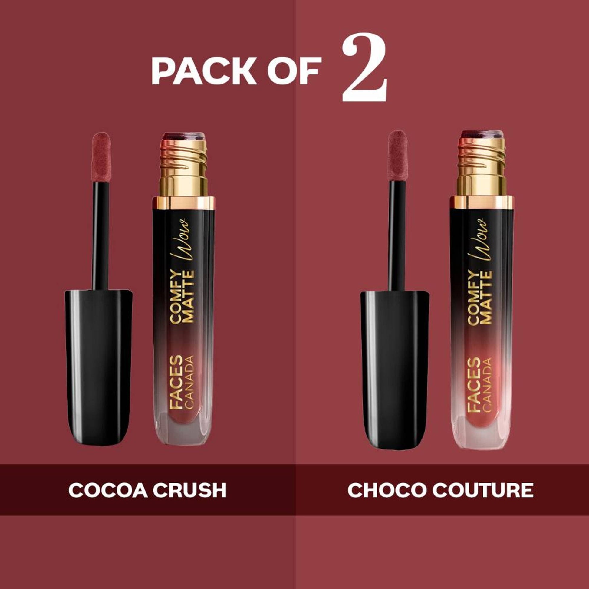 Faces Canada Comfy Matte Wow Liquid Lipstick - Choco Couture 01 + Cocoa Crush 07 - Pack Of 2