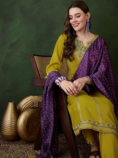 Indyancart SN Women's Mustard Floral Embroidered Sequinned A-Line Kurta With Trouser And Dupatta