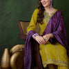 Dhiyona SN Women's Mustard Floral Embroidered Sequinned A-Line Kurta With Trouser And Dupatta