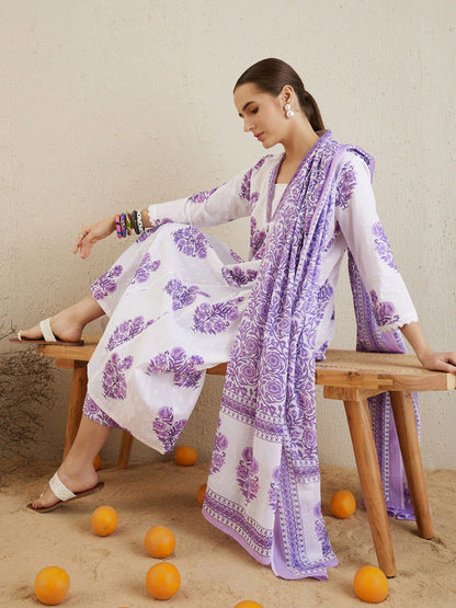 V-Neck Floral Printed Panelled Pure Cotton Kurta Set