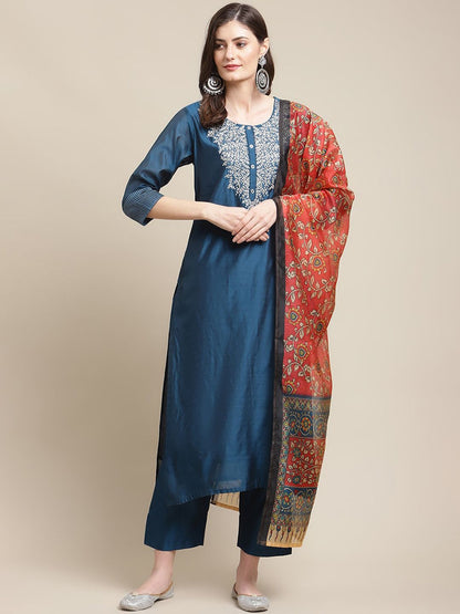 Indyancart VA Women's Blue Floral Embroidered Chanderi Silk Kurta with Trousers & Dupatta