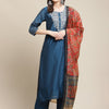 Indyancart VA Women's Blue Floral Embroidered Chanderi Silk Kurta with Trousers & Dupatta