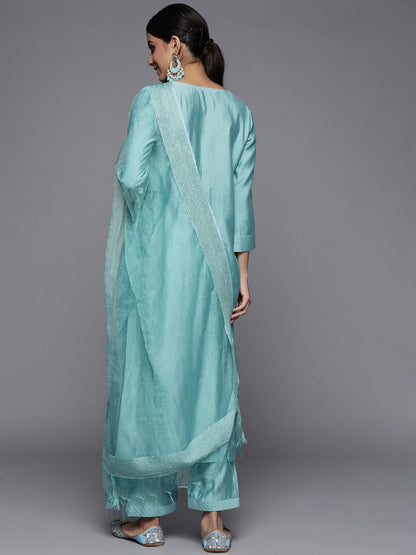 Indyancart VA Women's Blue Ethnic Motifs Embroidered Sequinned Kurta with Trousers & With Dupatta