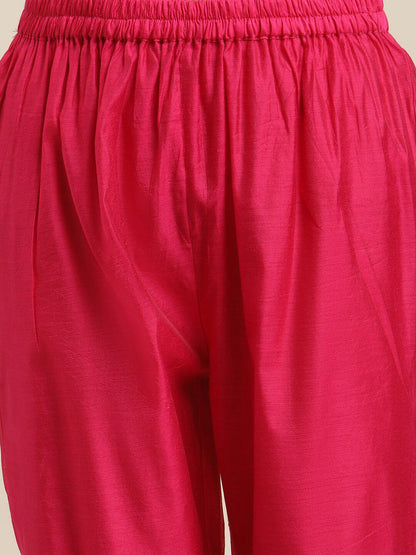 Indyancart VA Women's Magenta Floral Chanderi Silk Kurta with Trousers & With Dupatta