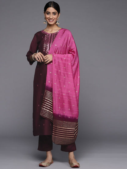 Indyancart VA Women's Burgundy Floral Embroidered Sequinned Kurta with Trousers & Dupatta