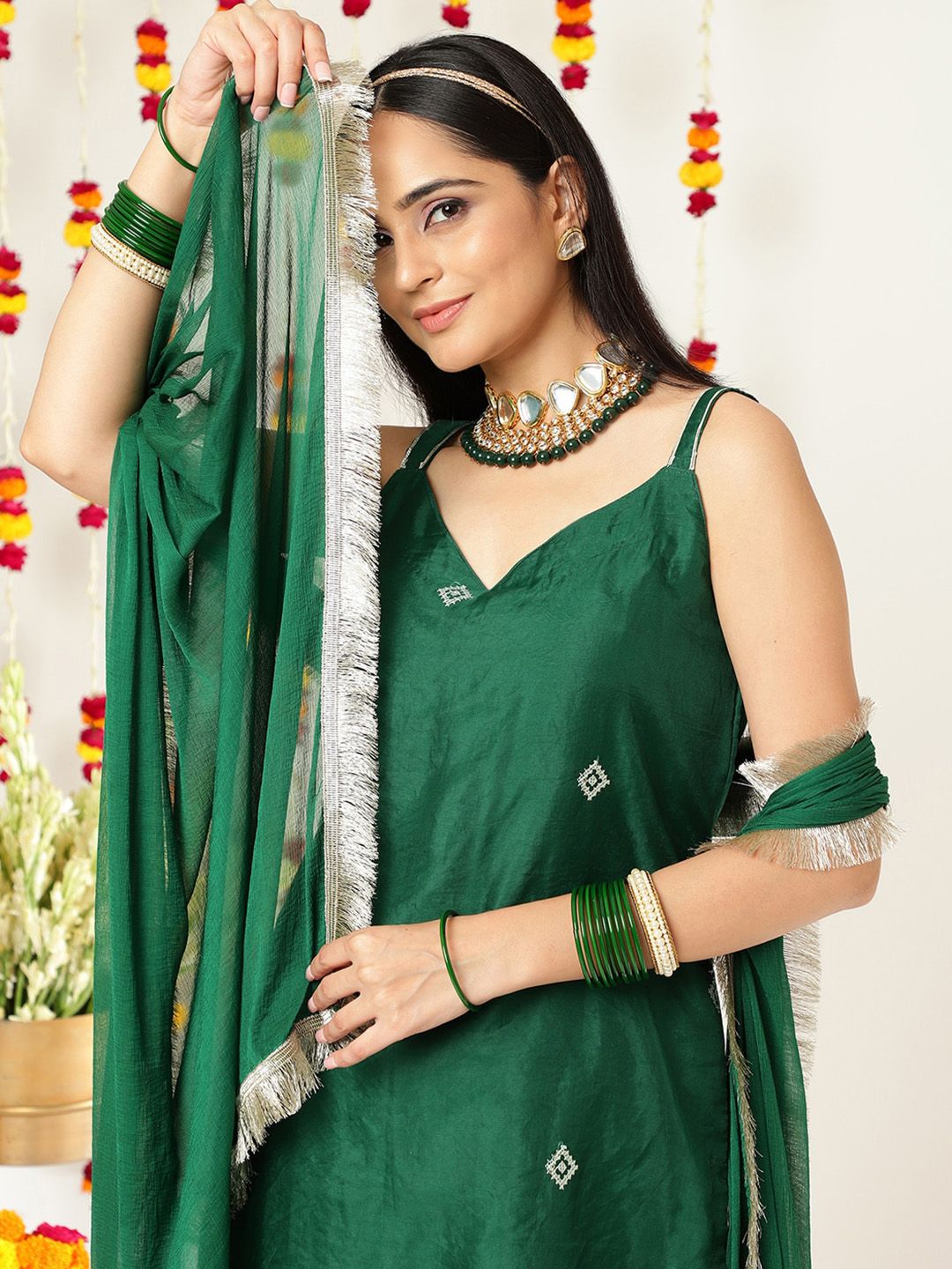 Indyancart VA Women'sEthnic Motifs Embroidered Sleeveless Kurta & Sharara With Dupatta