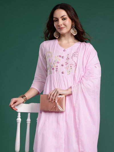 Indyancart IE Ethnic Motifs Embroidered Pure Cotton Kurta with Trousers & Dupatta