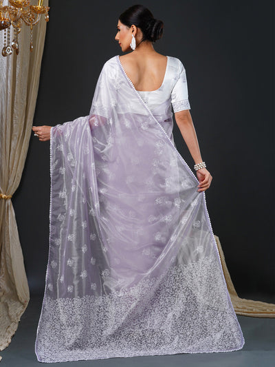 Women's Organza White Embroidered Designer Saree With Blouse Piece