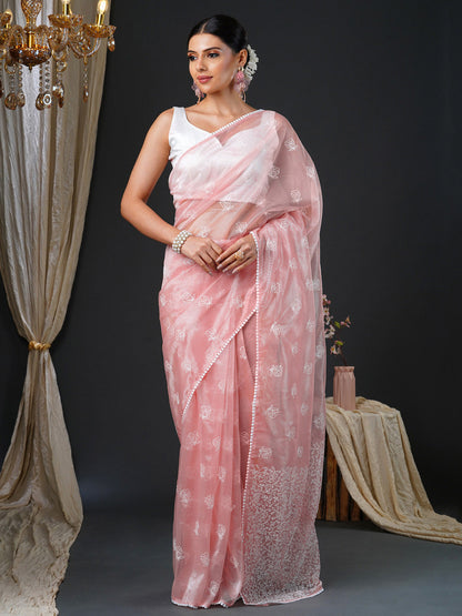 Women's Organza White Embroidered Designer Saree With Blouse Piece