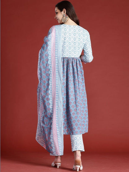 Women Ethnic Motifs Printed Empire Beads and Stones Pure Cotton Kurta with Trousers & With Dupatta